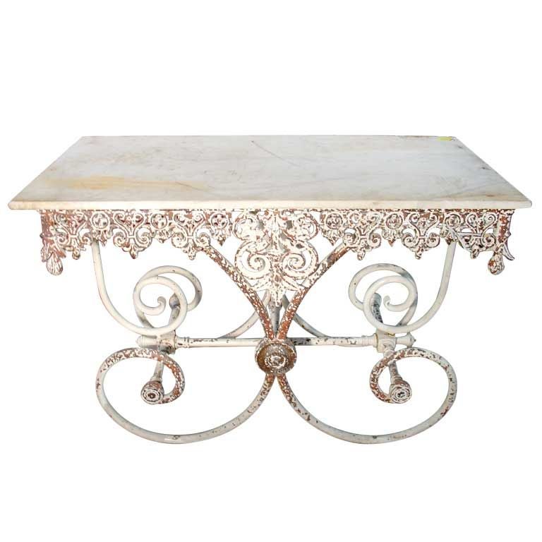 Antique Pastry Table with Ornamented Cast Iron Base and Marble