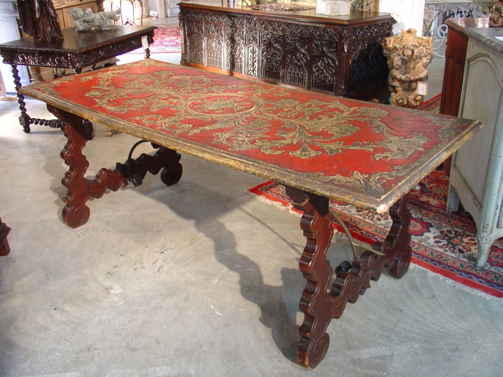 Antique Catalan Table with Faux Red Leather Top