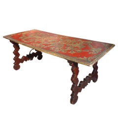 Antique Catalan Table with Faux Red Leather Top