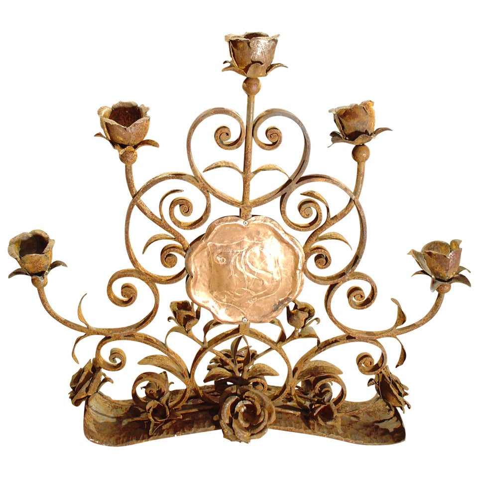 Antique French Forged Iron 'Roses' Candelabra