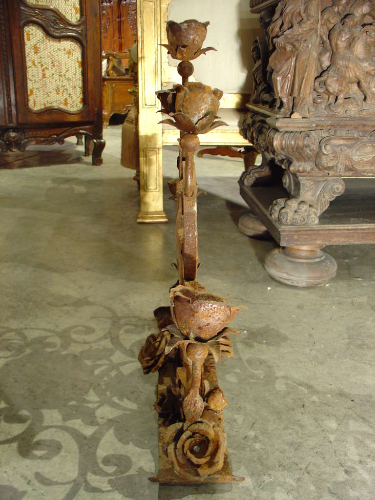 Antique French Forged Iron 'Roses' Candelabra In Good Condition In Dallas, TX