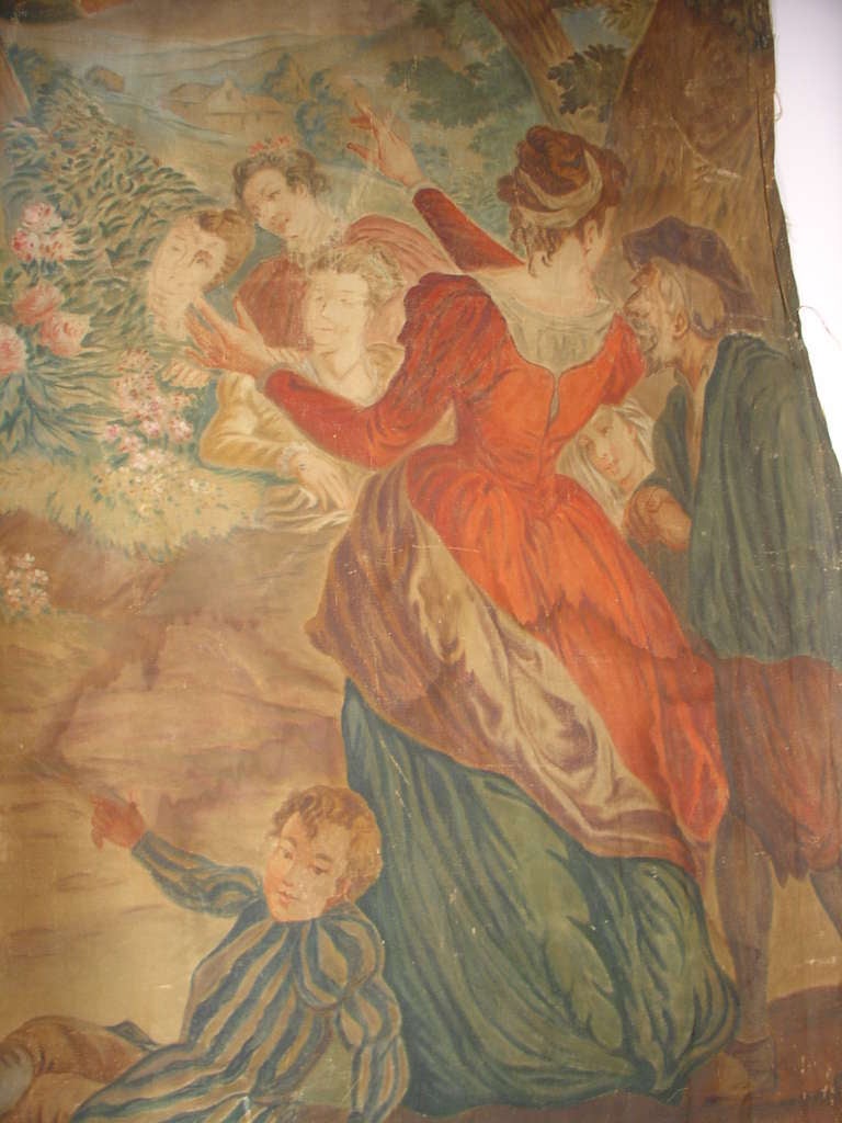 This massive and resplendent antique French Panel Painting once graced a boiserie or wooden paneled room.  The scene is that of Angelica and Medoro, a theme of Romantic painters that was repeated from the 16th century to the 19th century. Angelique