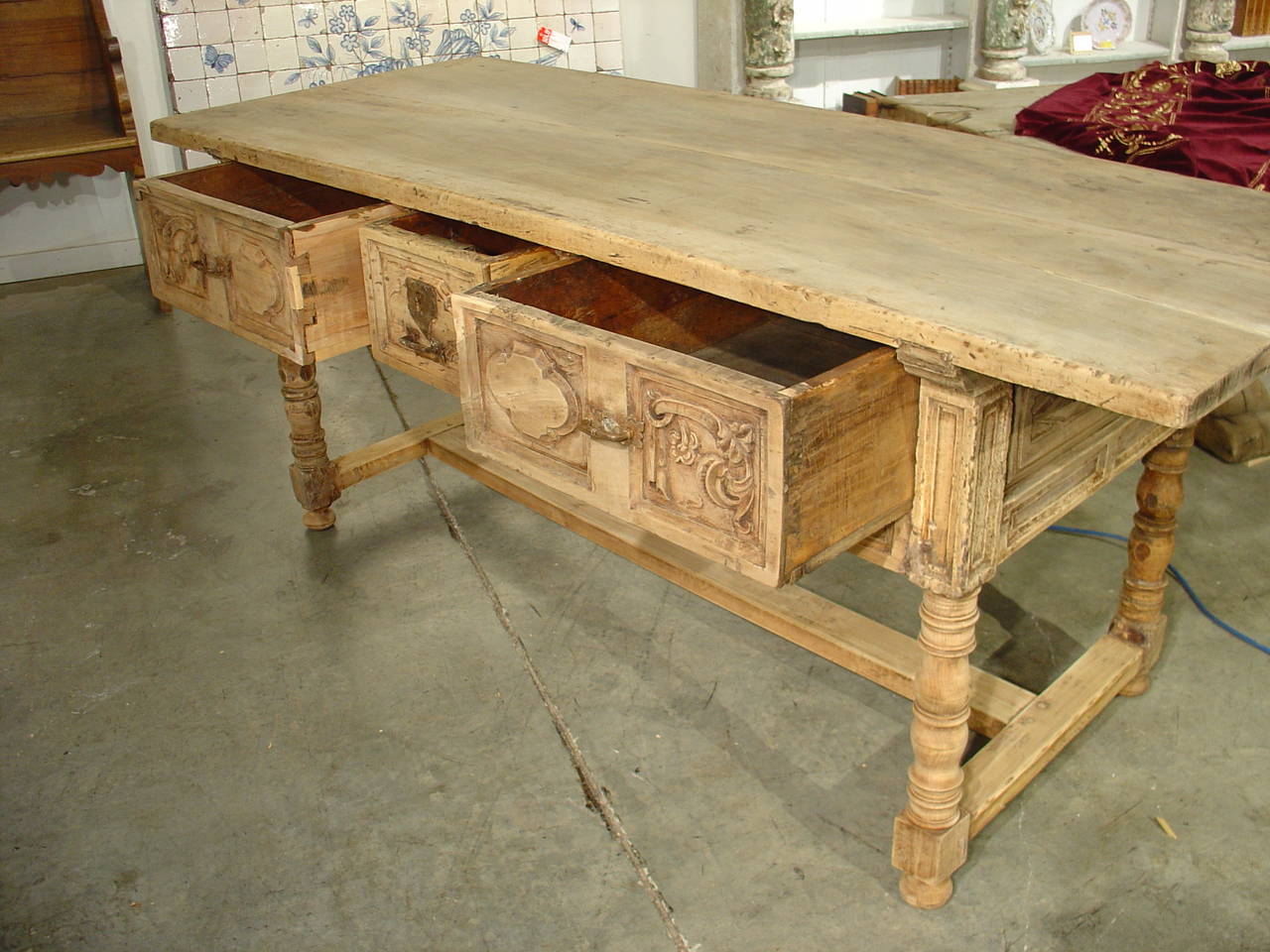 Carved 18th Century Stripped Walnut Wood Table from Italy