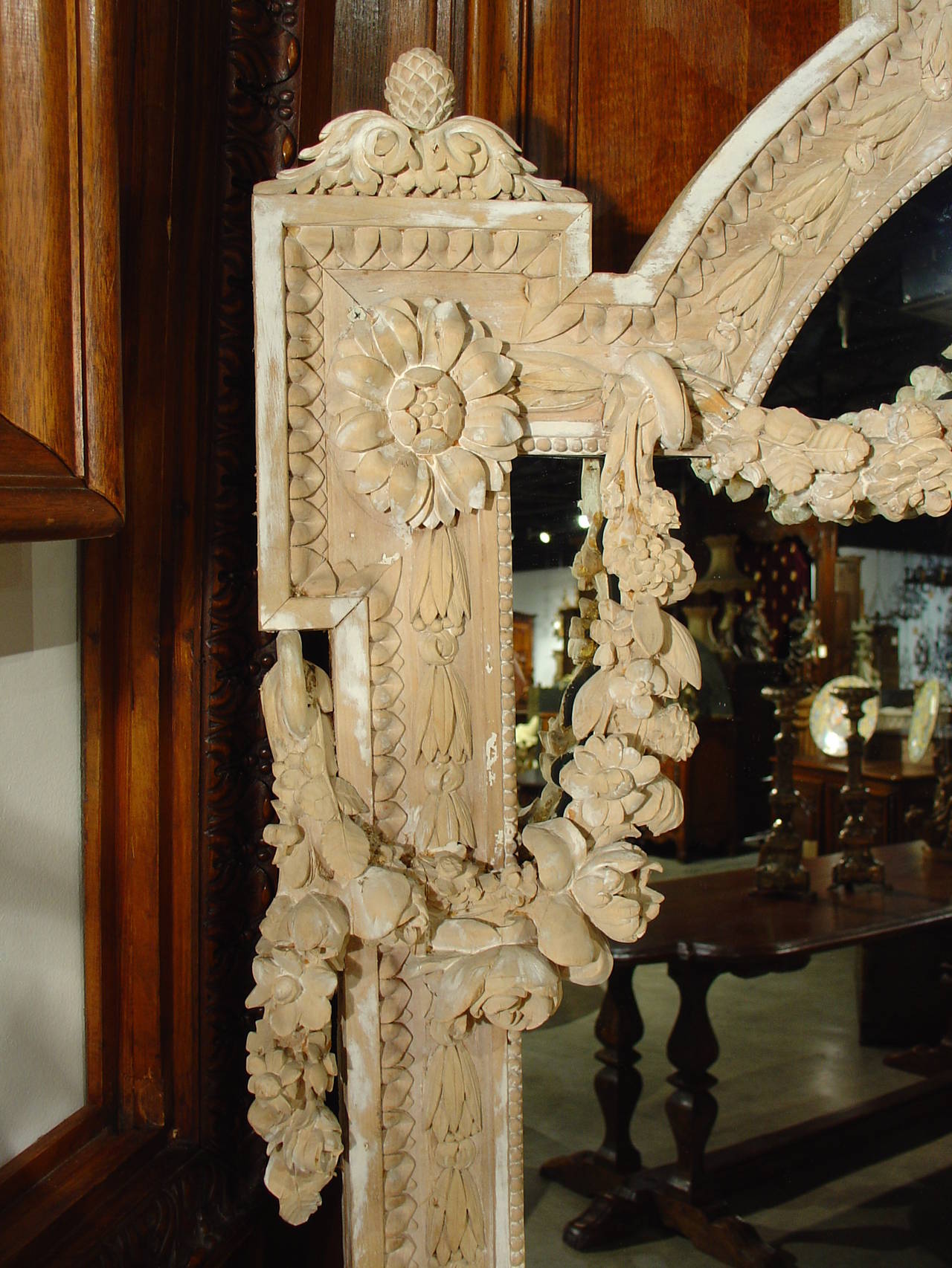 Carved Large and Rare Louis XVI Style Antique Parcel Paint Mirror from France
