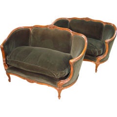 Pair of Walnut Wood Antique French Louis XV Style Settees