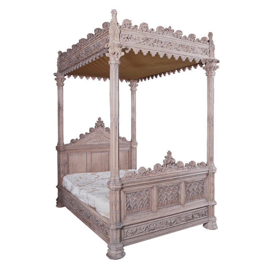 A Magnificent Fully Carved Antique French Gothic Bed-Stripped Oak - France circa 1870