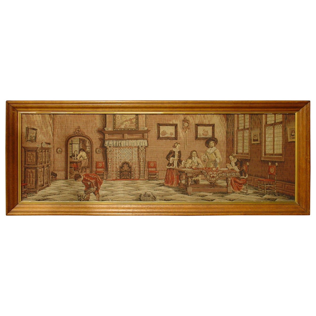 Long Oak Framed French Tapestry Depicting an Interior Scene, circa 1900