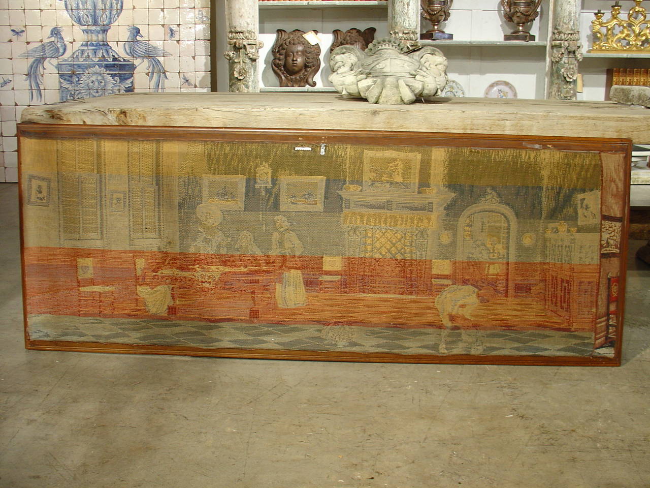 Machine-Made Long Oak Framed French Tapestry Depicting an Interior Scene, circa 1900
