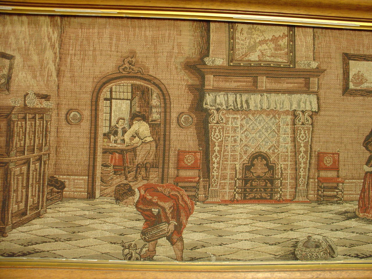 Long Oak Framed French Tapestry Depicting an Interior Scene, circa 1900 1