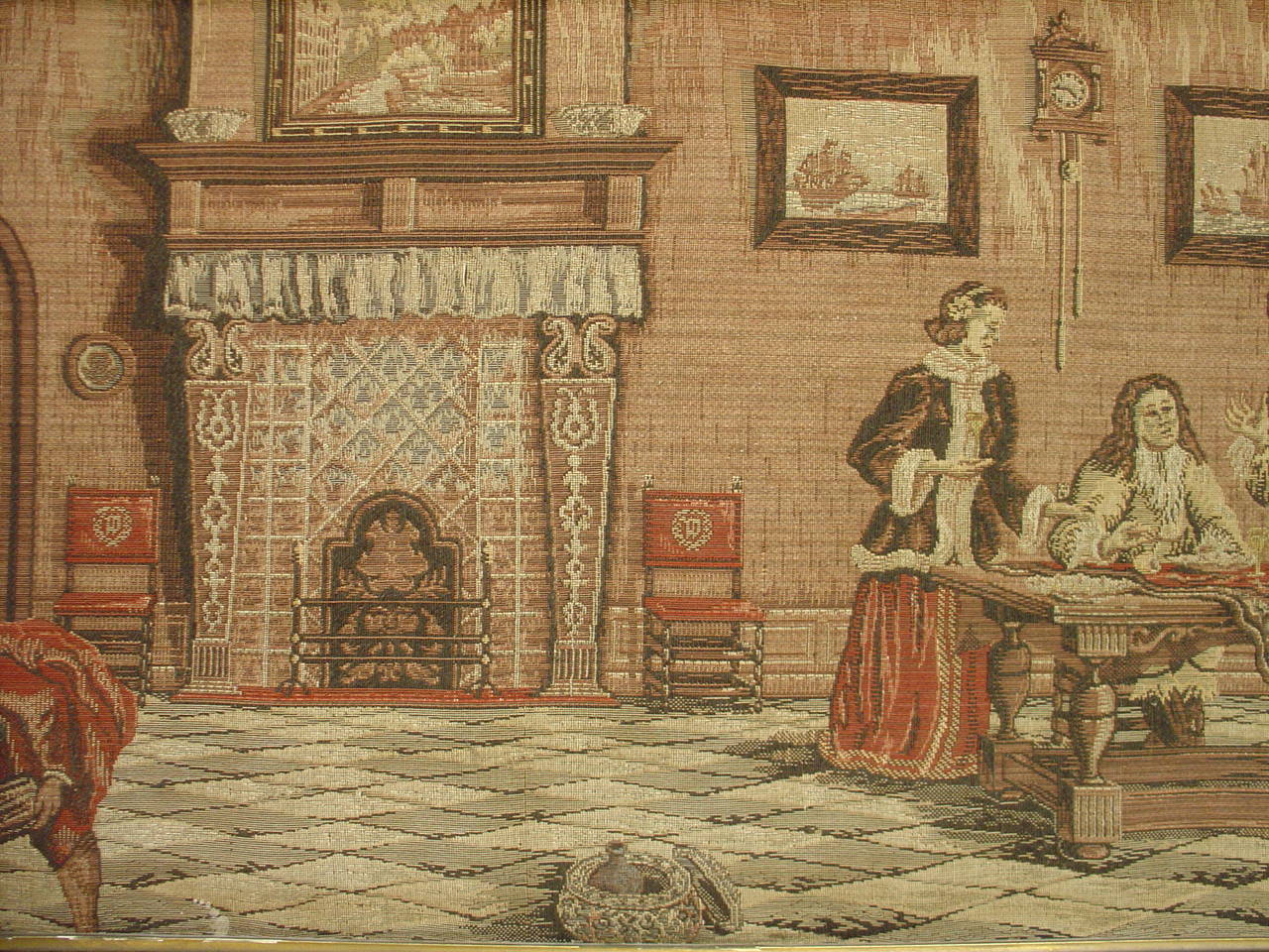 Long Oak Framed French Tapestry Depicting an Interior Scene, circa 1900 3