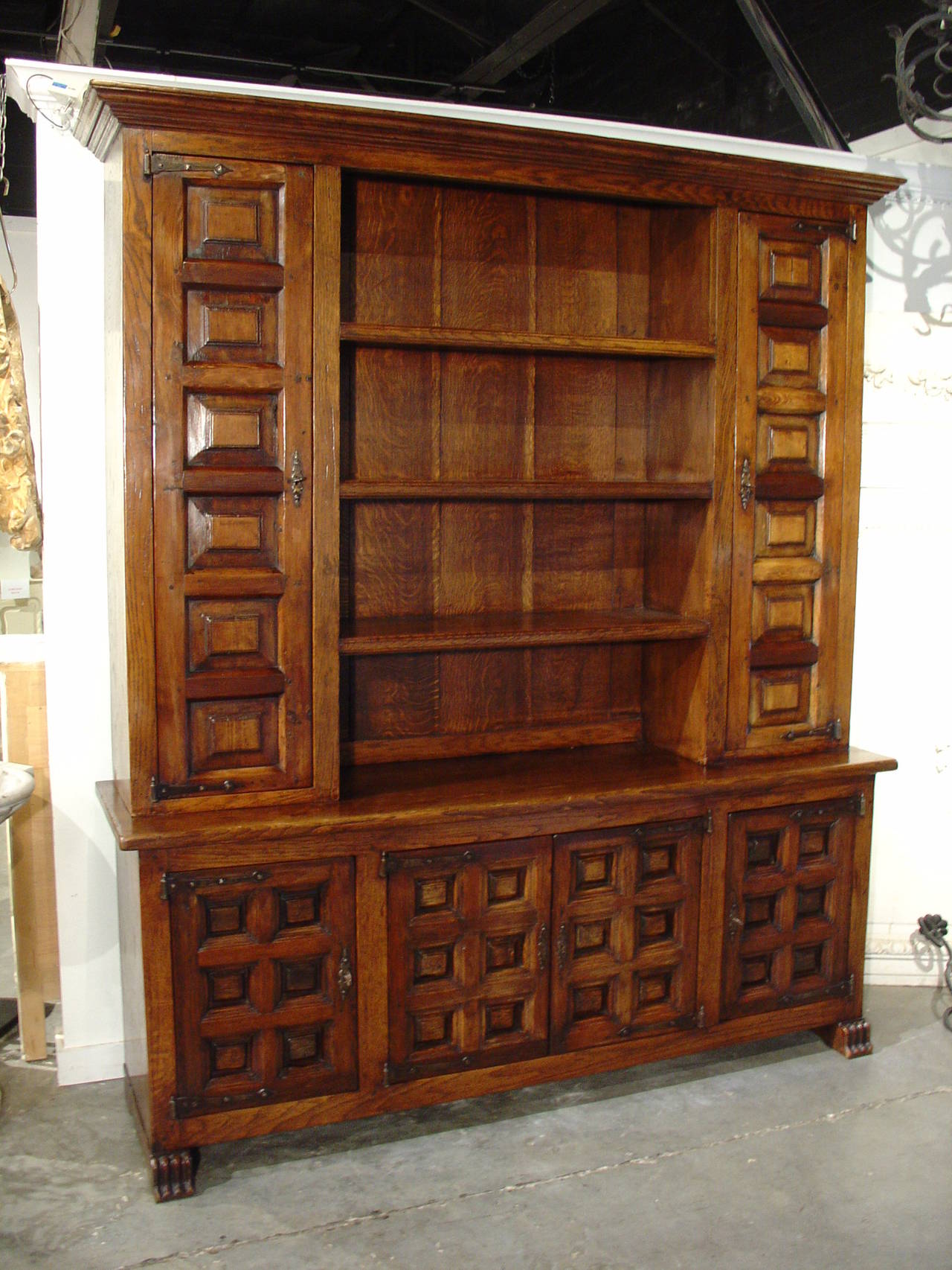 Large Oak Bookcase with Iron Hardware from Spain, Early 1900s 1