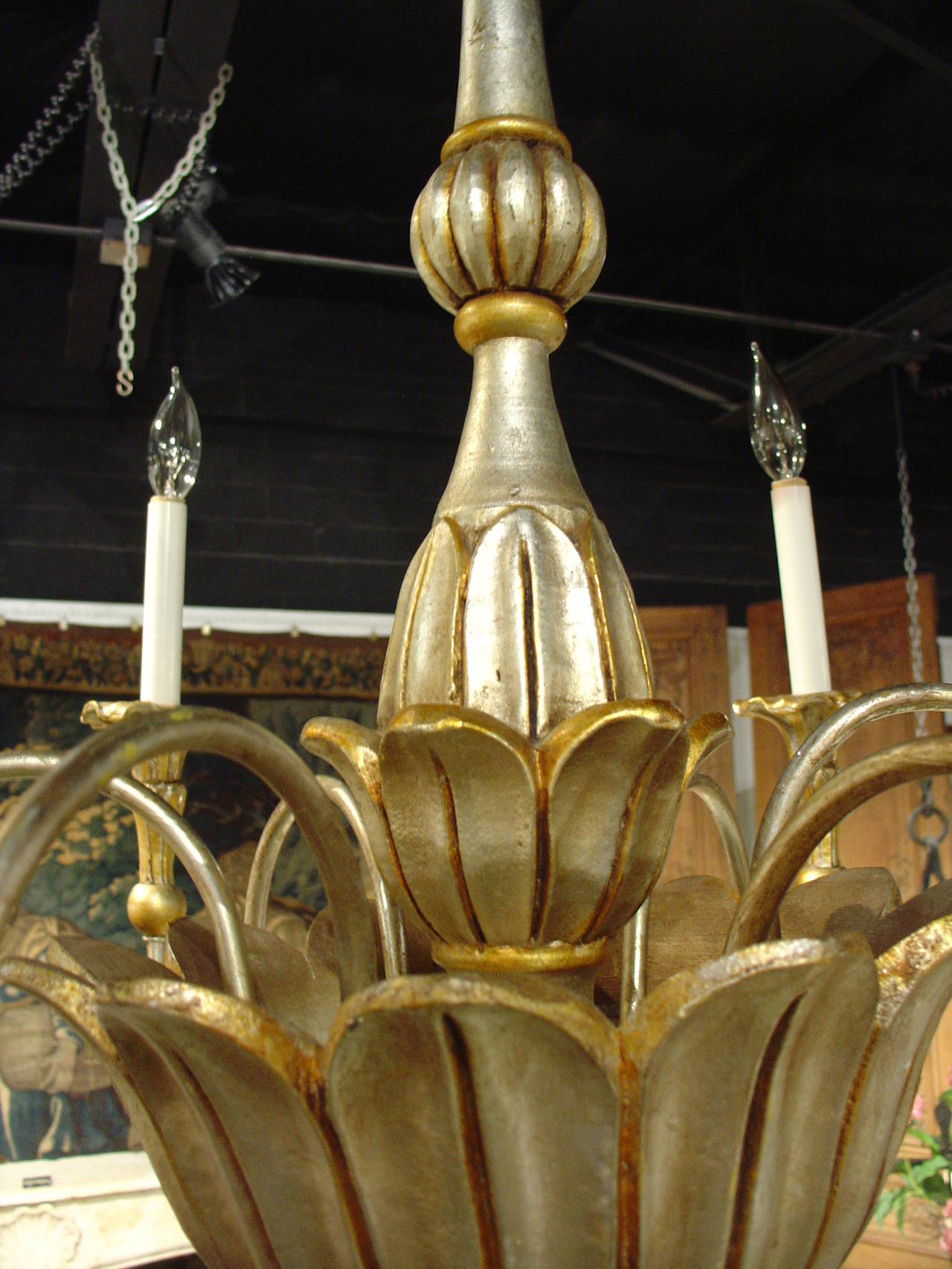 Elegant Six Arm Gold and Silver Gilded Chandelier from France, 20th Century In Excellent Condition In Dallas, TX