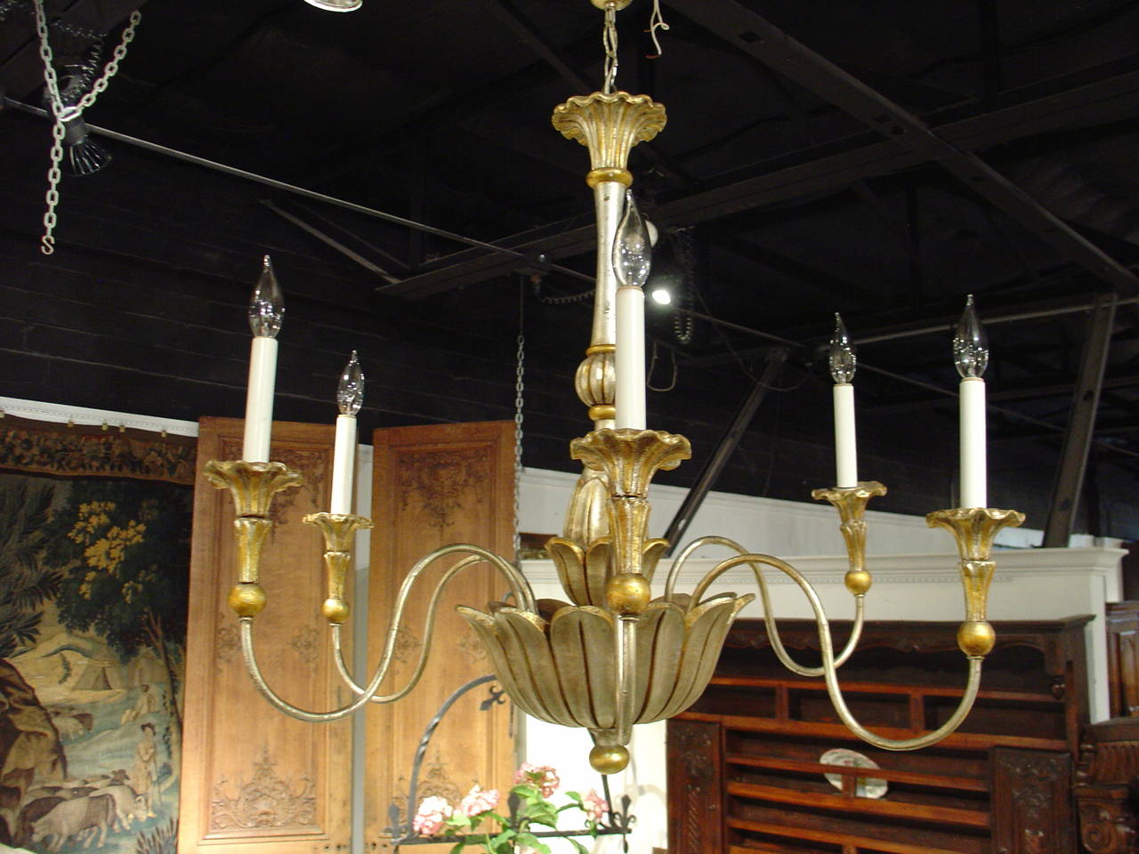 Elegant Six Arm Gold and Silver Gilded Chandelier from France, 20th Century 6