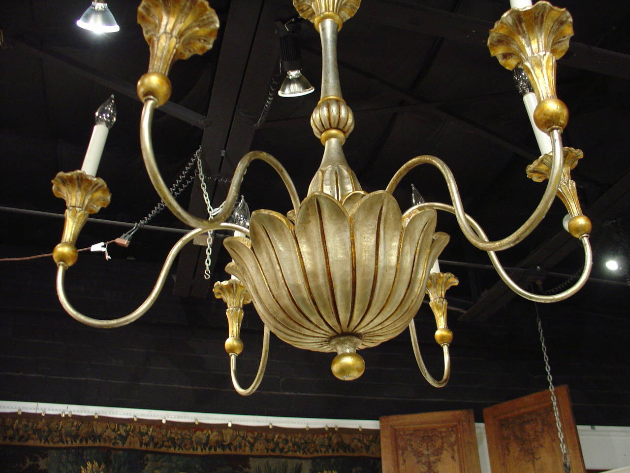 Elegant Six Arm Gold and Silver Gilded Chandelier from France, 20th Century 5