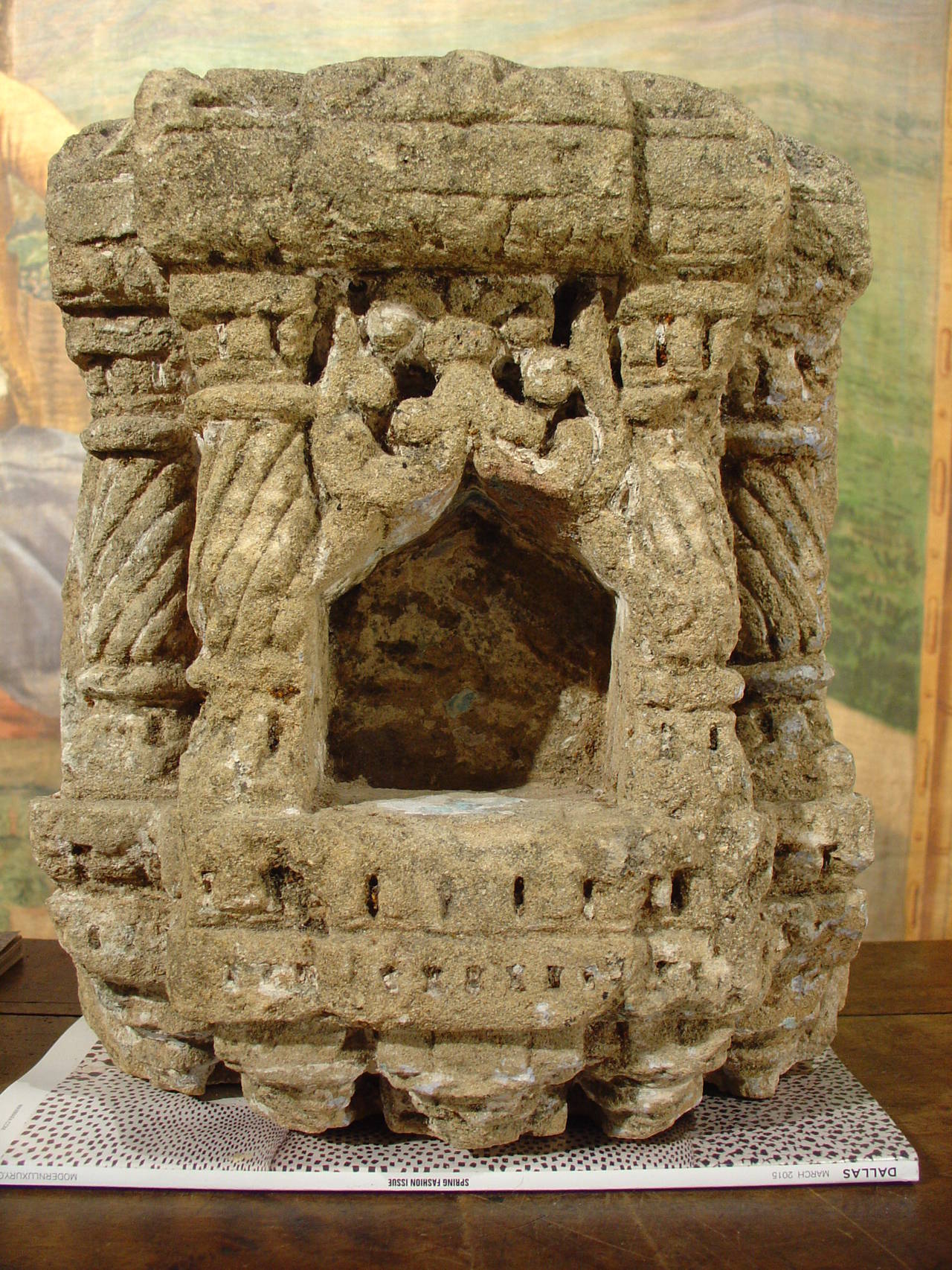 Small antique stone shrines were usually vehicles for holding items which were related to a deity that was associated with a religion.  We acquired these shrines because of their charming size, age, and workmanship.  It is not common to find two of