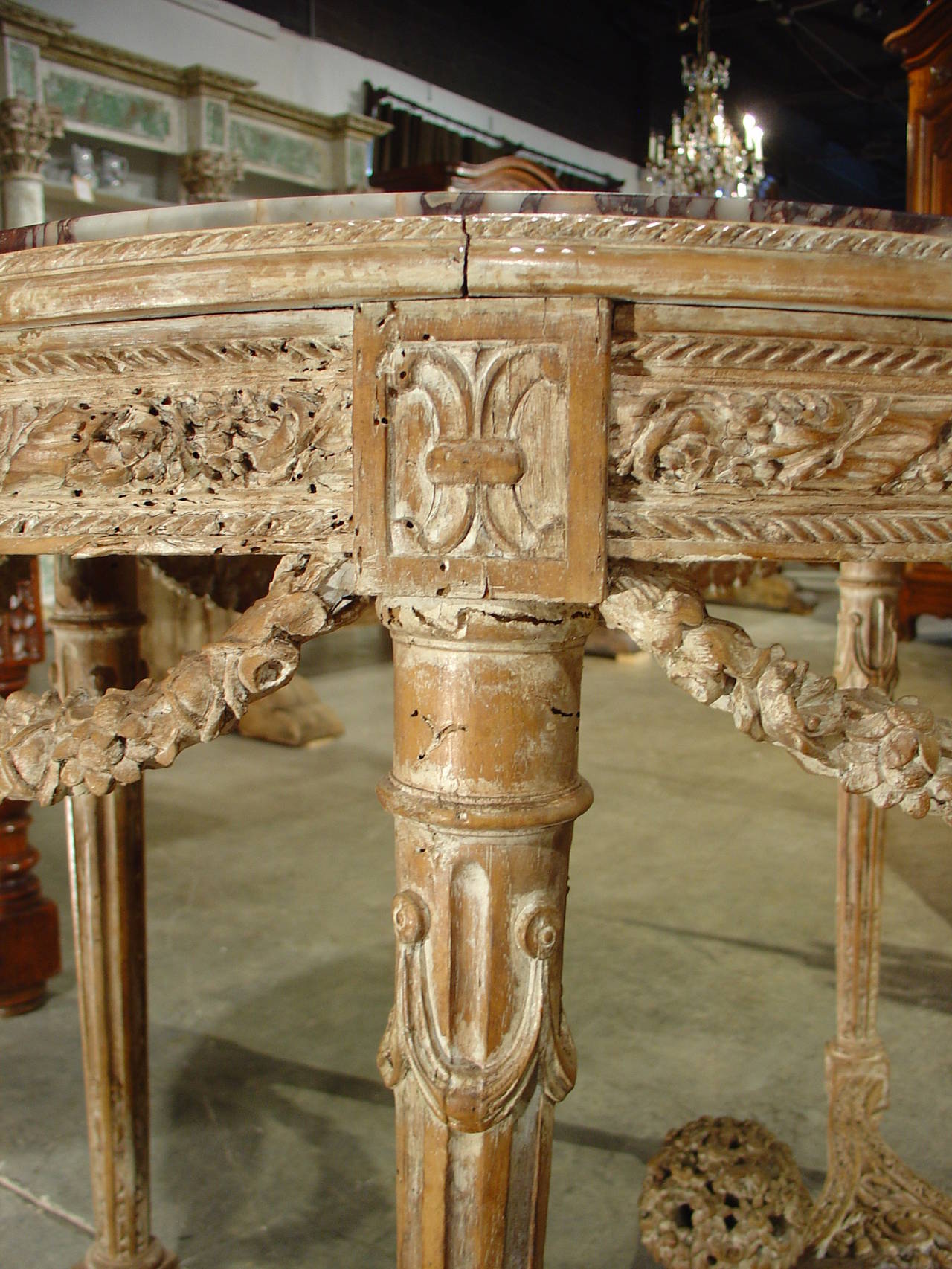 Hand-Carved Antique Parcel Paint Louis XVI Center Table with Musical Motifs