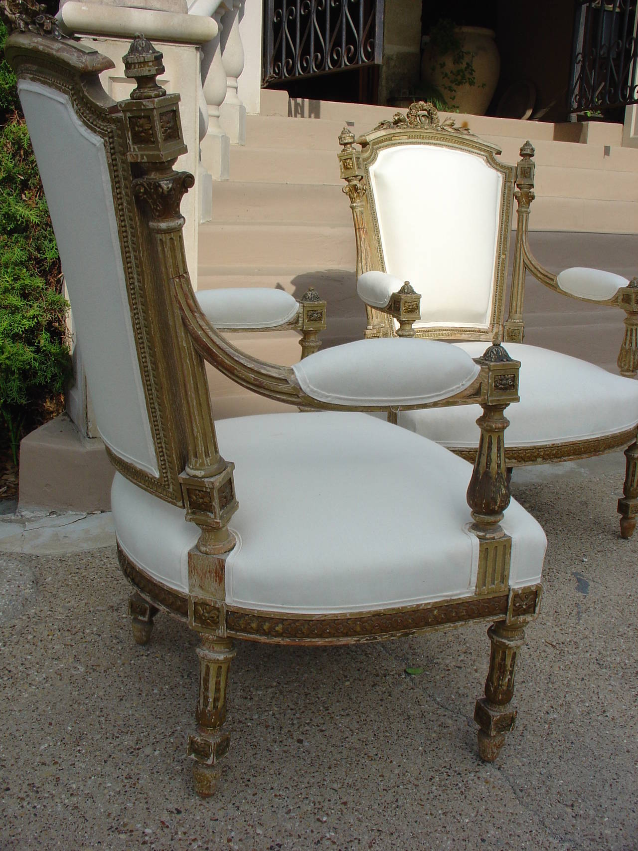 French Pair of Painted Antique Louis XVI Style Armchairs, circa 1850
