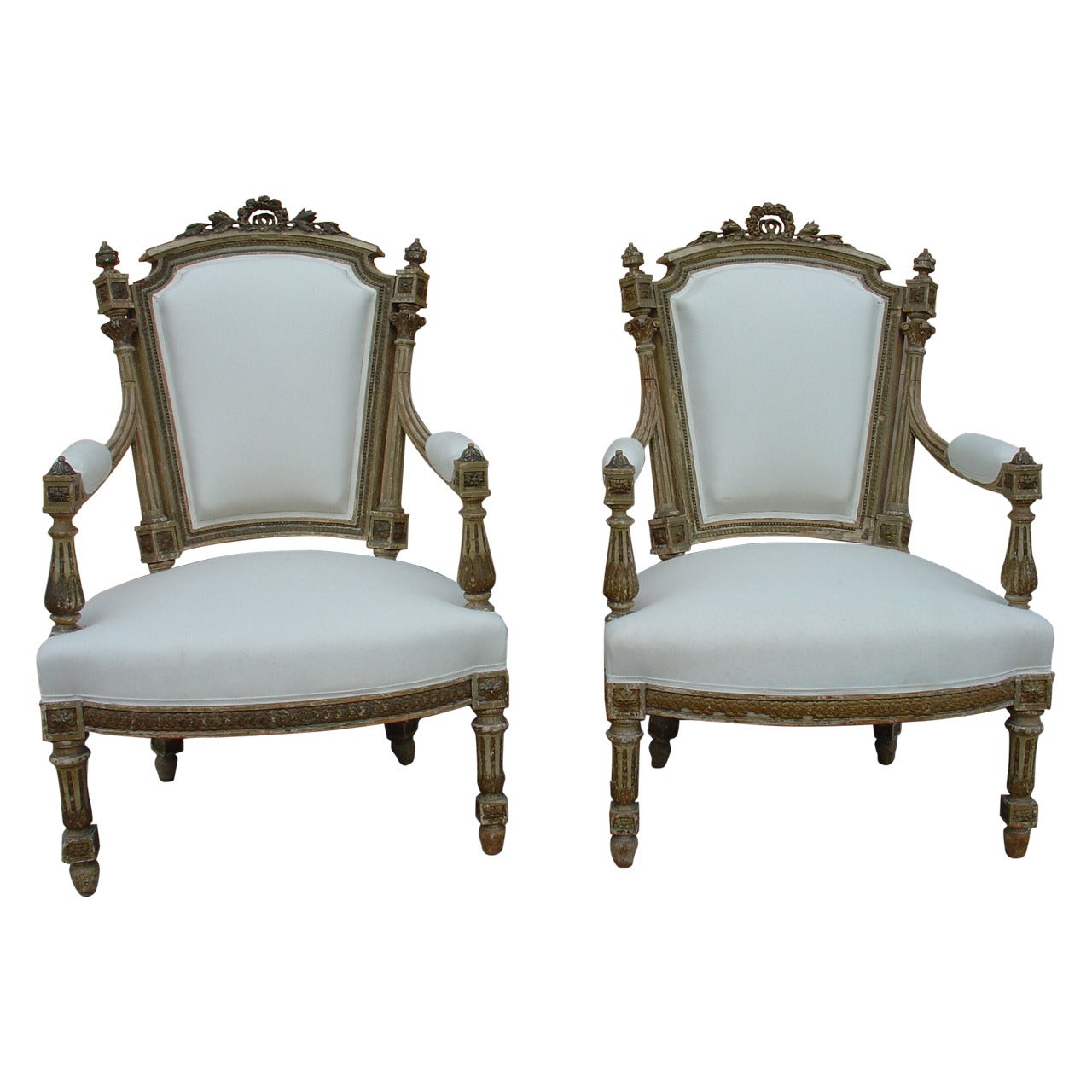 Pair of Painted Antique Louis XVI Style Armchairs, circa 1850