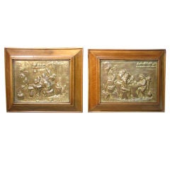 Pair of 19th Century Brass Repousse Plaques with Walnut Frames