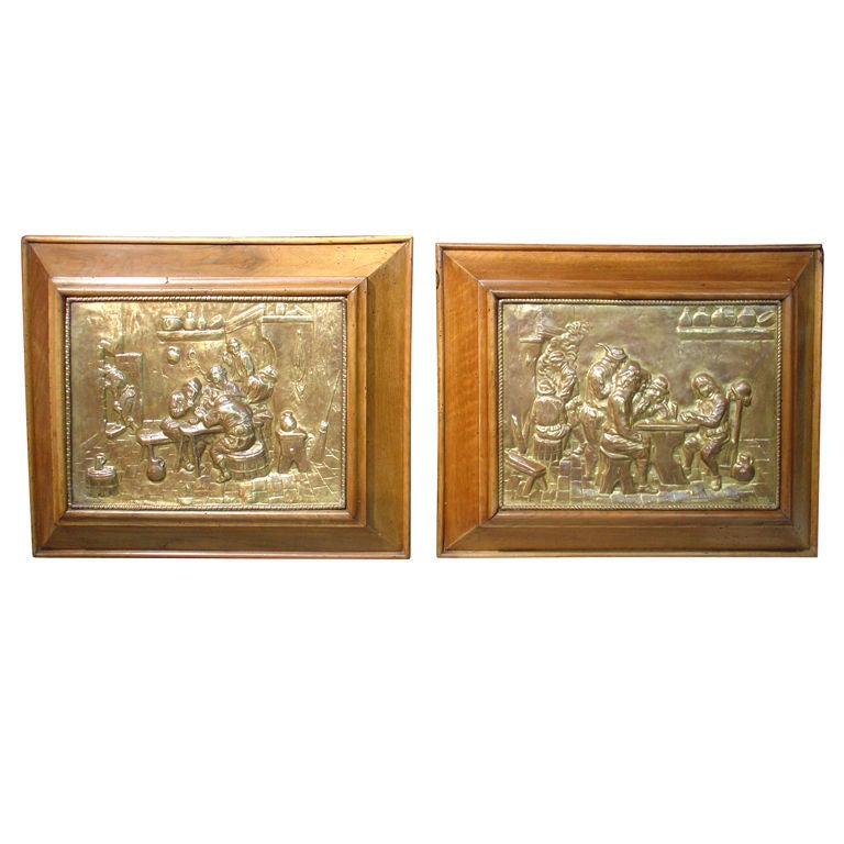 Pair of 19th Century Brass Repousse Plaques with Walnut Frames