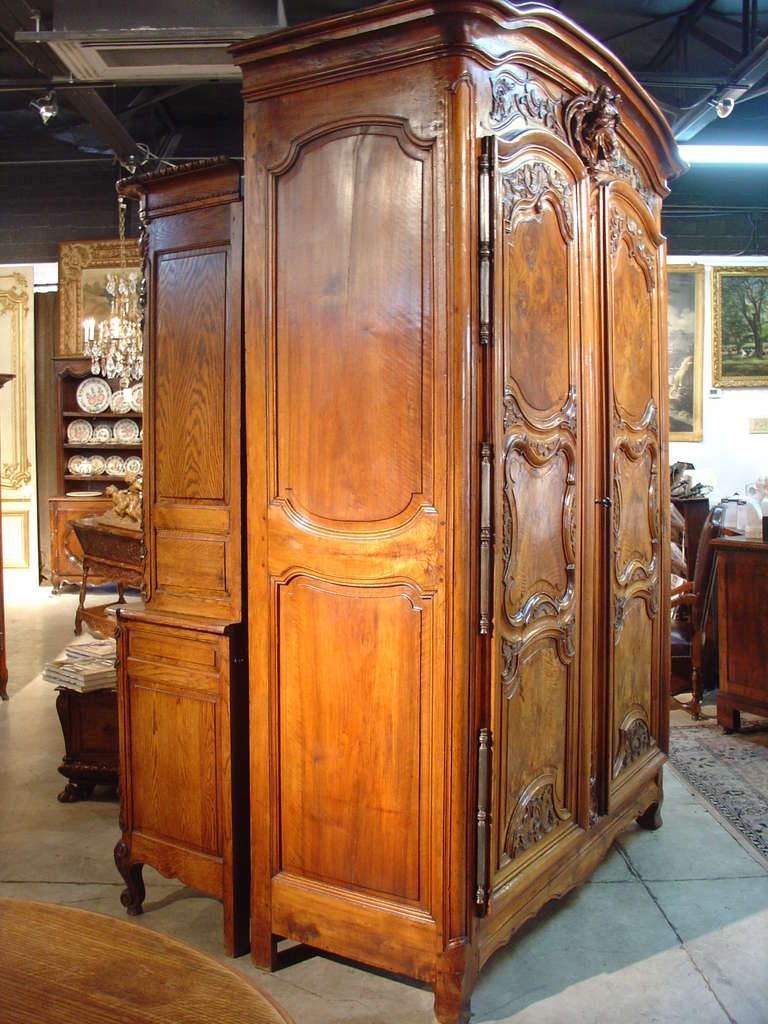 From a mansion in Lyon, comes this superb and rare Period Regence Lyonnaise armoire.  It has been sculpted from solid walnut wood and burled walnut wood.  The central motif on the frieze is said to be St. John the Baptist in front of a pierced,