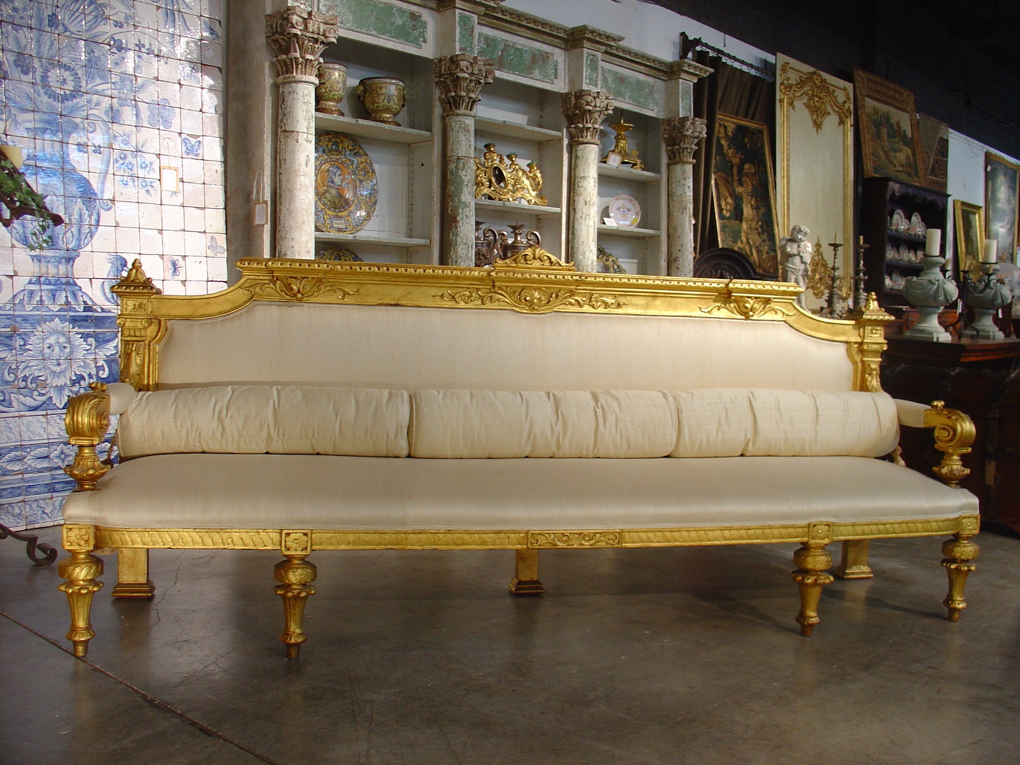 19th Century French Giltwood Settee with Raw Silk Upholstery