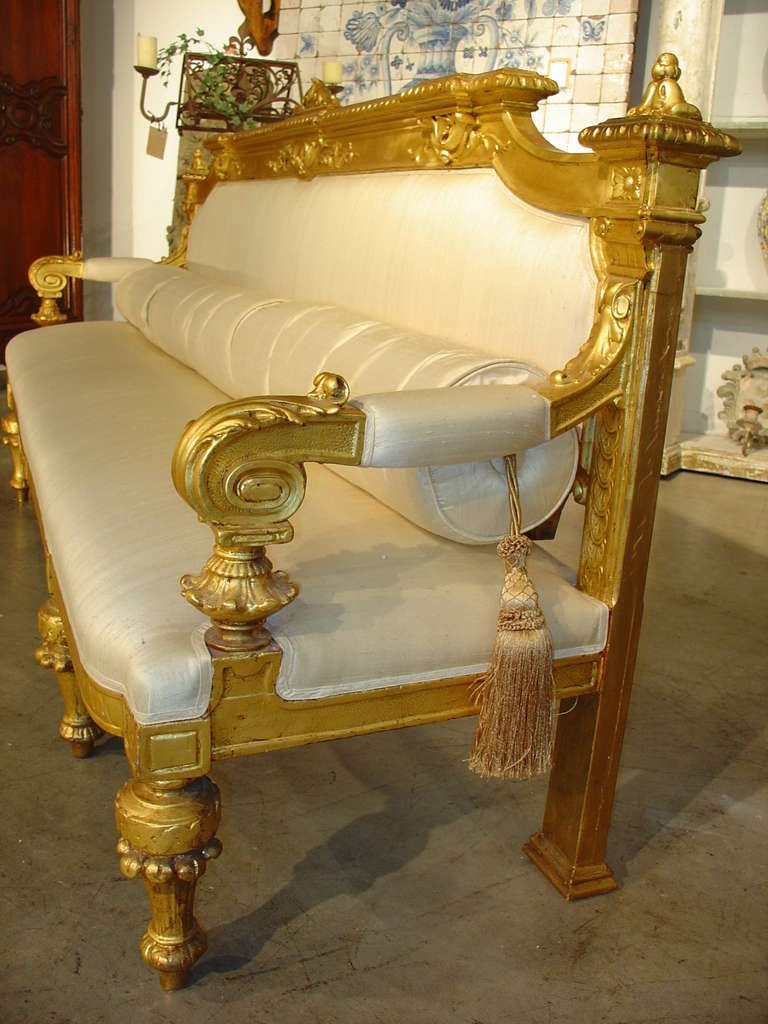 19th Century French Giltwood Settee with Raw Silk Upholstery 1