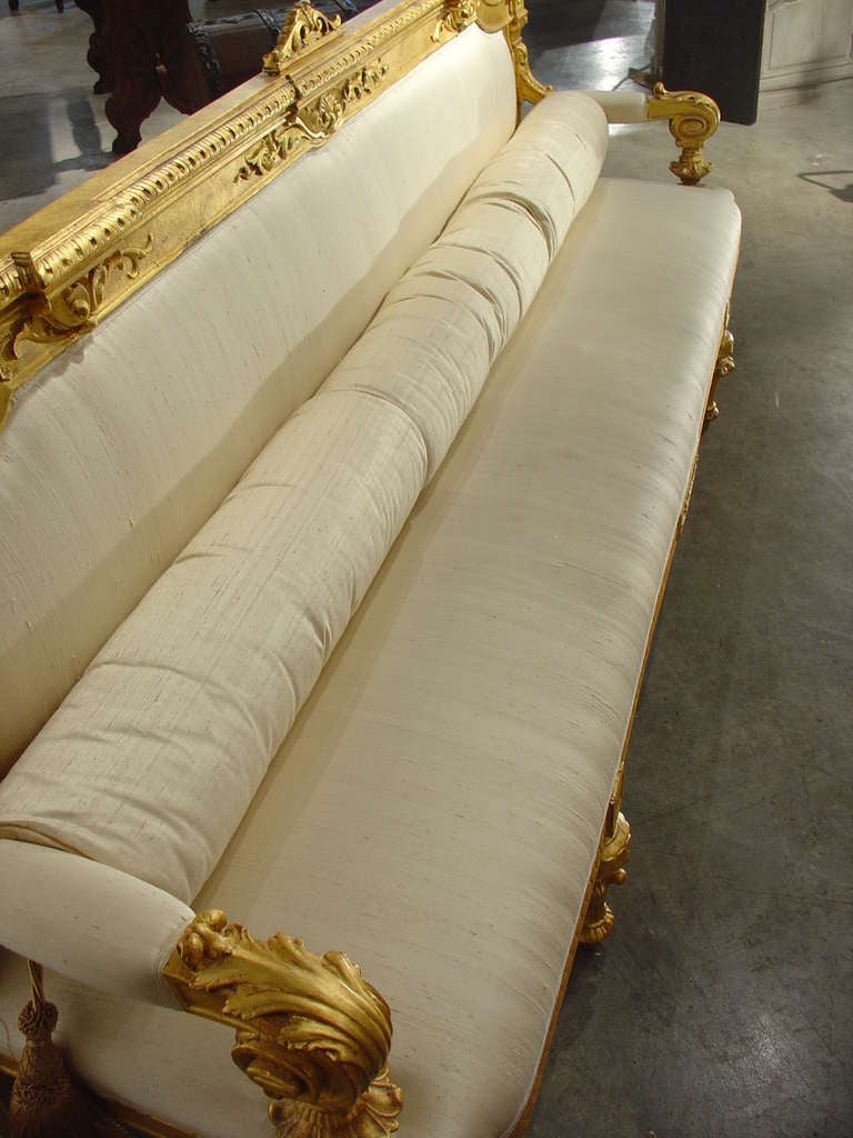 19th Century French Giltwood Settee with Raw Silk Upholstery 5