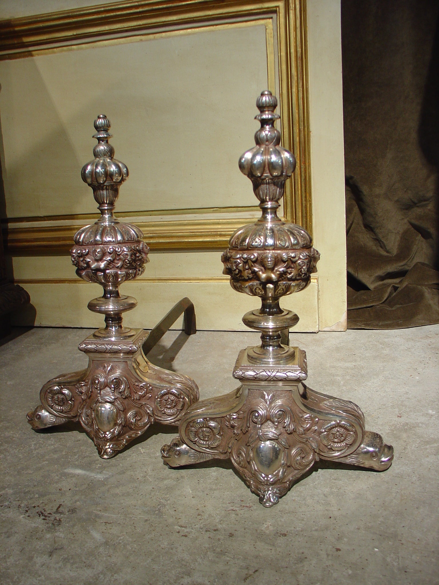 Pair of Antique Louis XIV Style Silvered Bronze Andirons