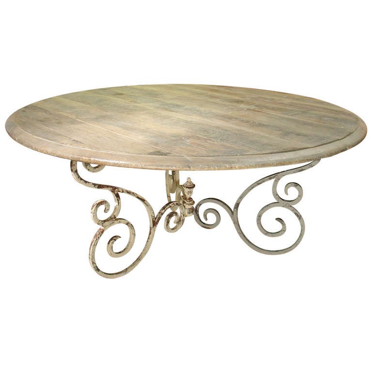 Round Antique Wood and Iron Dining Table from France