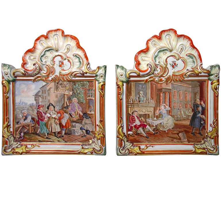 Pair of Antique Faience Plaques from Lille, France, Late 1800s