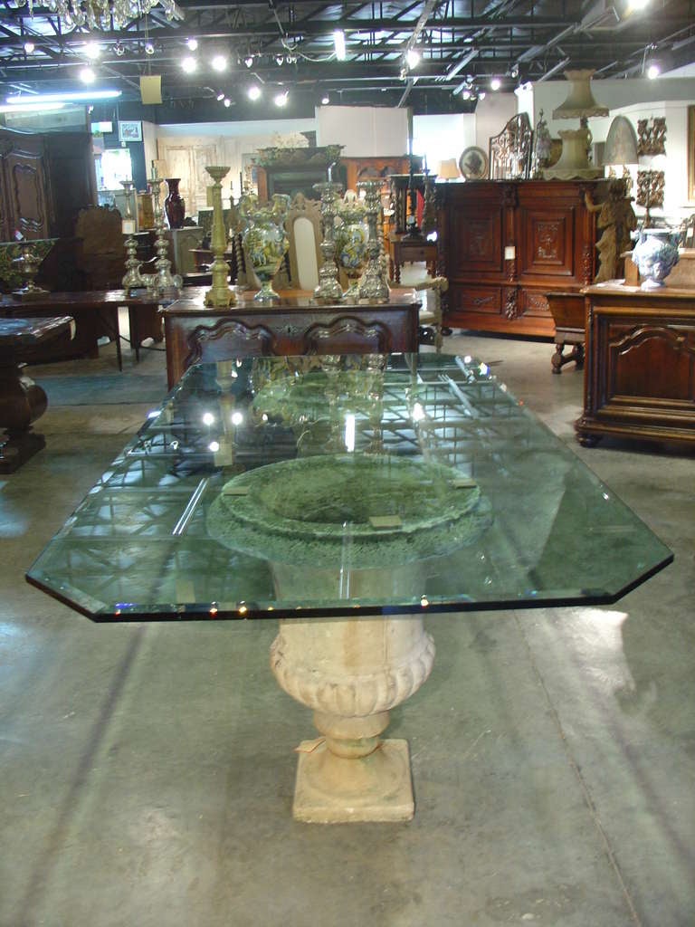 Beveled Glass Table Top on Antique French Stone Urns For ...