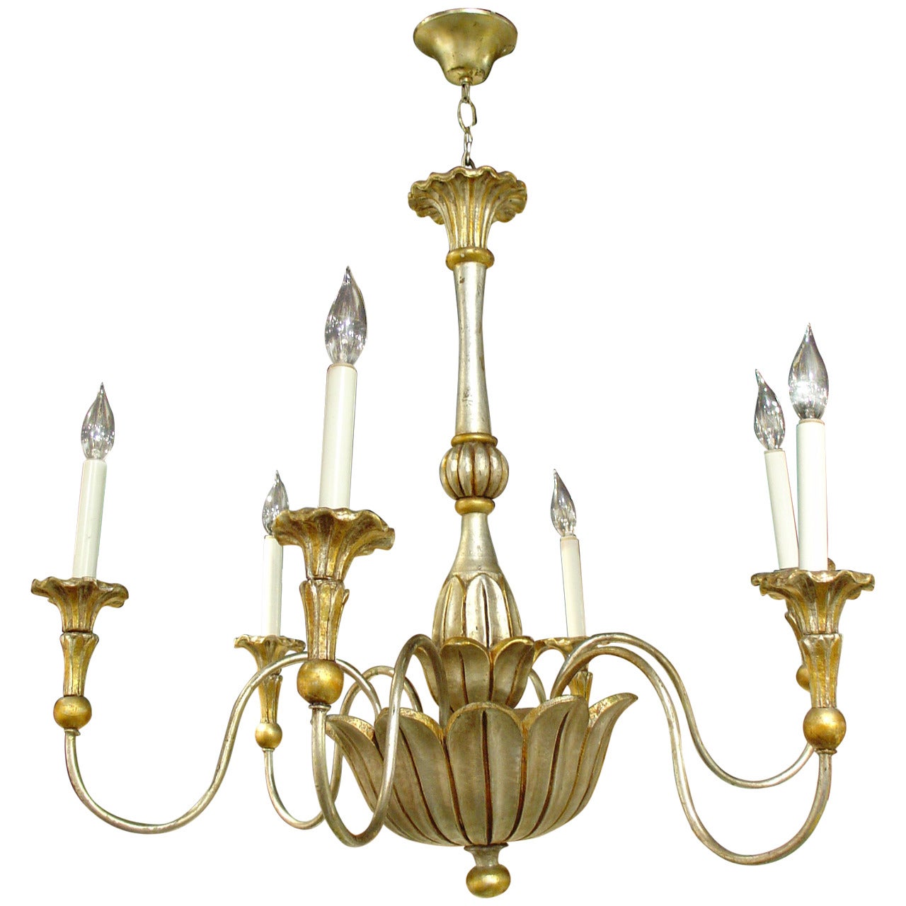 Elegant Six Arm Gold and Silver Gilded Chandelier from France, 20th Century