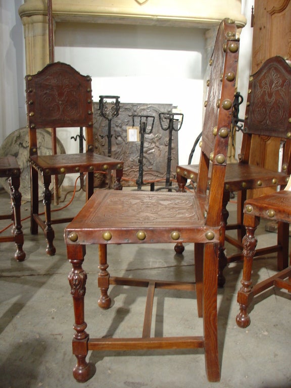 Set of Six Antique Embossed Leather Portuguese Chairs 1