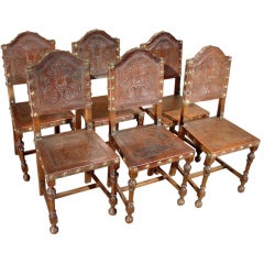 Set of Six Antique Embossed Leather Portuguese Chairs