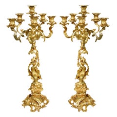 Pair of Antique French Bronze Dore Six-Arm Candelabras