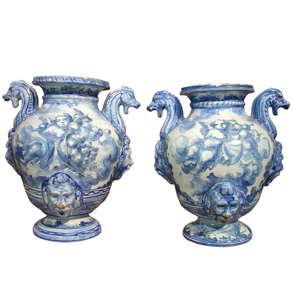 Pair of Antique Blue Savona Urns