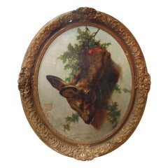 Signed 18th C. Oval Hunting Painting in Period Louis XV Frame