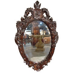Antique Rococo Style Walnut Wood Mirror with Lion Crest