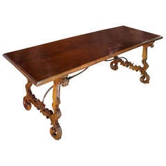 17th Century Walnut Wood Table with Crossed Iron Stretchers