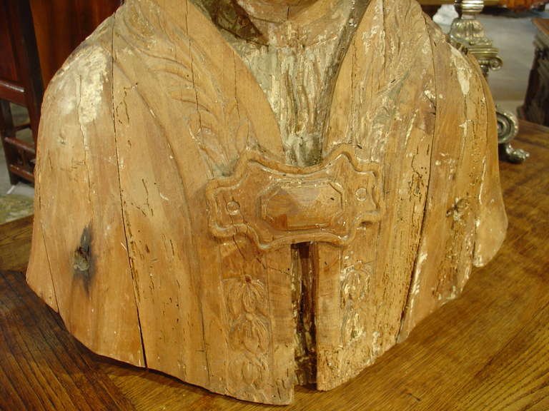 French Carved 17th Century Bust of a Bishop, France, Circa 1650