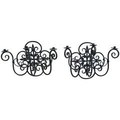 Pair of Large Three-Arm Iron Sconces from France