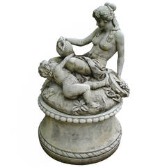 Cast Stone Neoclassical French Garden Fountain with Statue of a Woman and Child