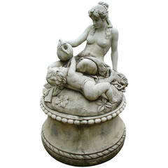 Vintage Cast Stone Neoclassical French Garden Fountain with Statue of a Woman and Child