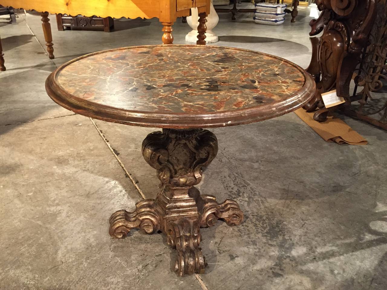 Small Round Giltwood Table from Italy with Faux Marble Top 4