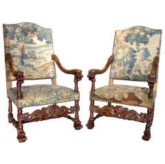 Pair of Antique Walnut Wood Tapestry Chairs from France