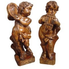 Pair of Antique Carved Musical Putti
