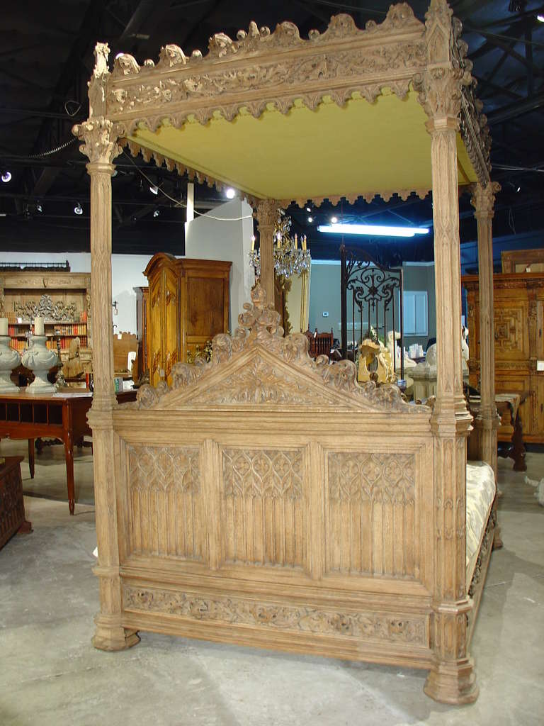 A Magnificent Fully Carved Antique French Gothic Bed-Stripped Oak - France circa 1870 3