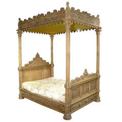 A Magnificent Fully Carved Antique French Gothic Bed-Stripped Oak - France circa 1870