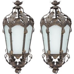 Pair of Large French Rococo Style Wrought Iron Lanterns